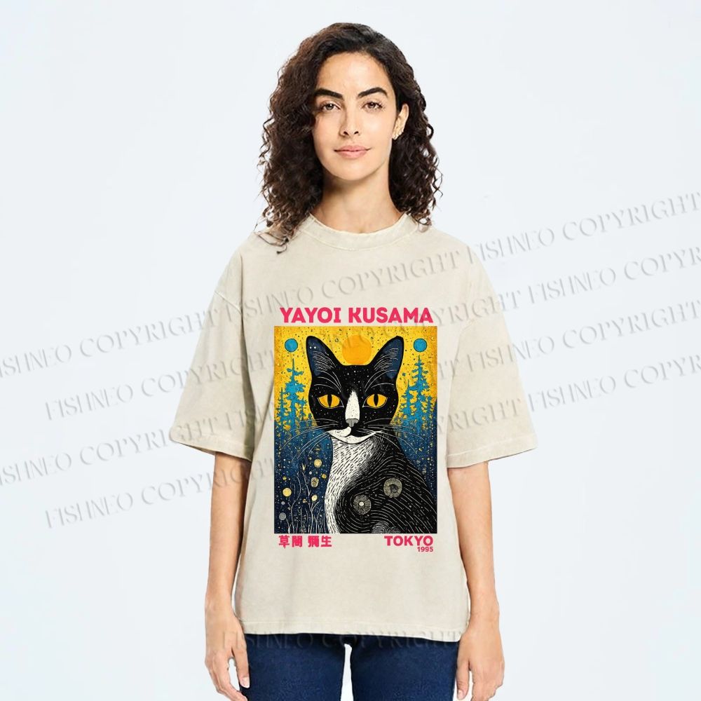 Unisex  Kusama Cat Printed Washed Tee