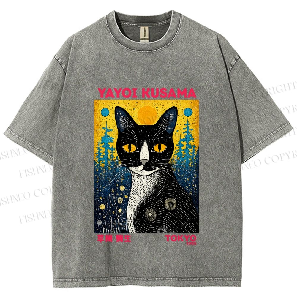 Unisex  Kusama Cat Printed Washed Tee