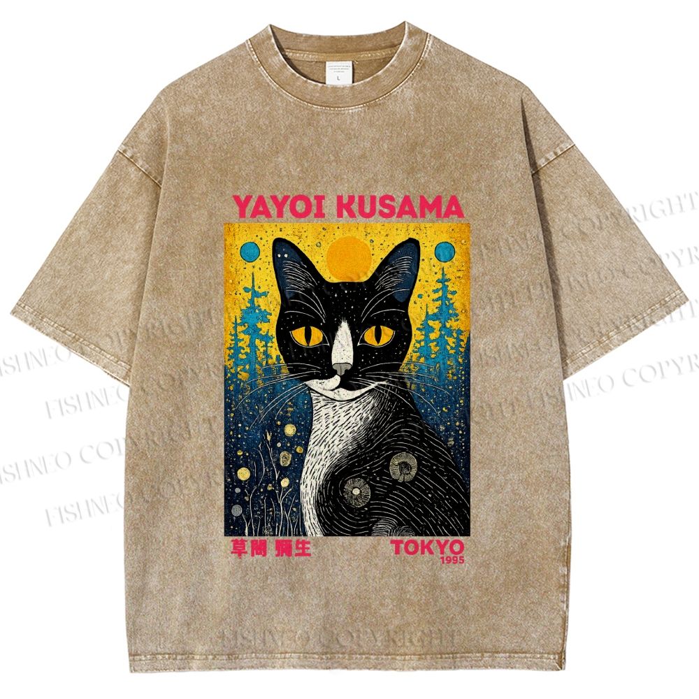 Unisex  Kusama Cat Printed Washed Tee