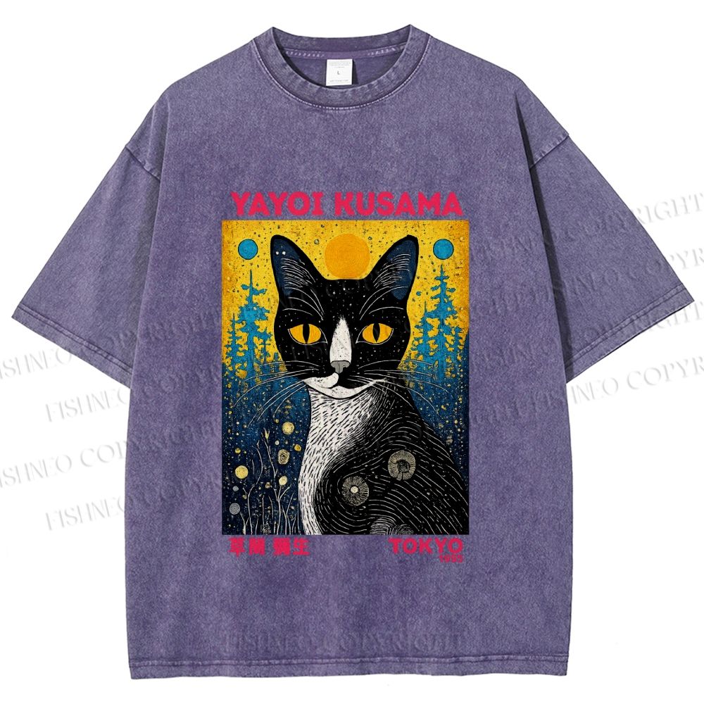 Unisex  Kusama Cat Printed Washed Tee