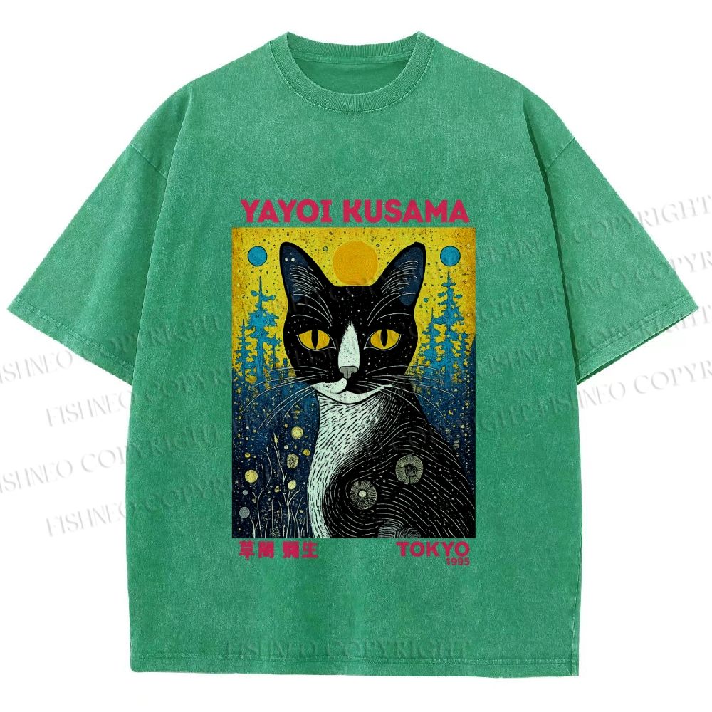 Unisex  Kusama Cat Printed Washed Tee