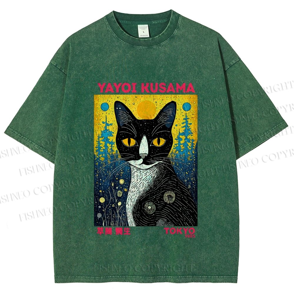 Unisex  Kusama Cat Printed Washed Tee