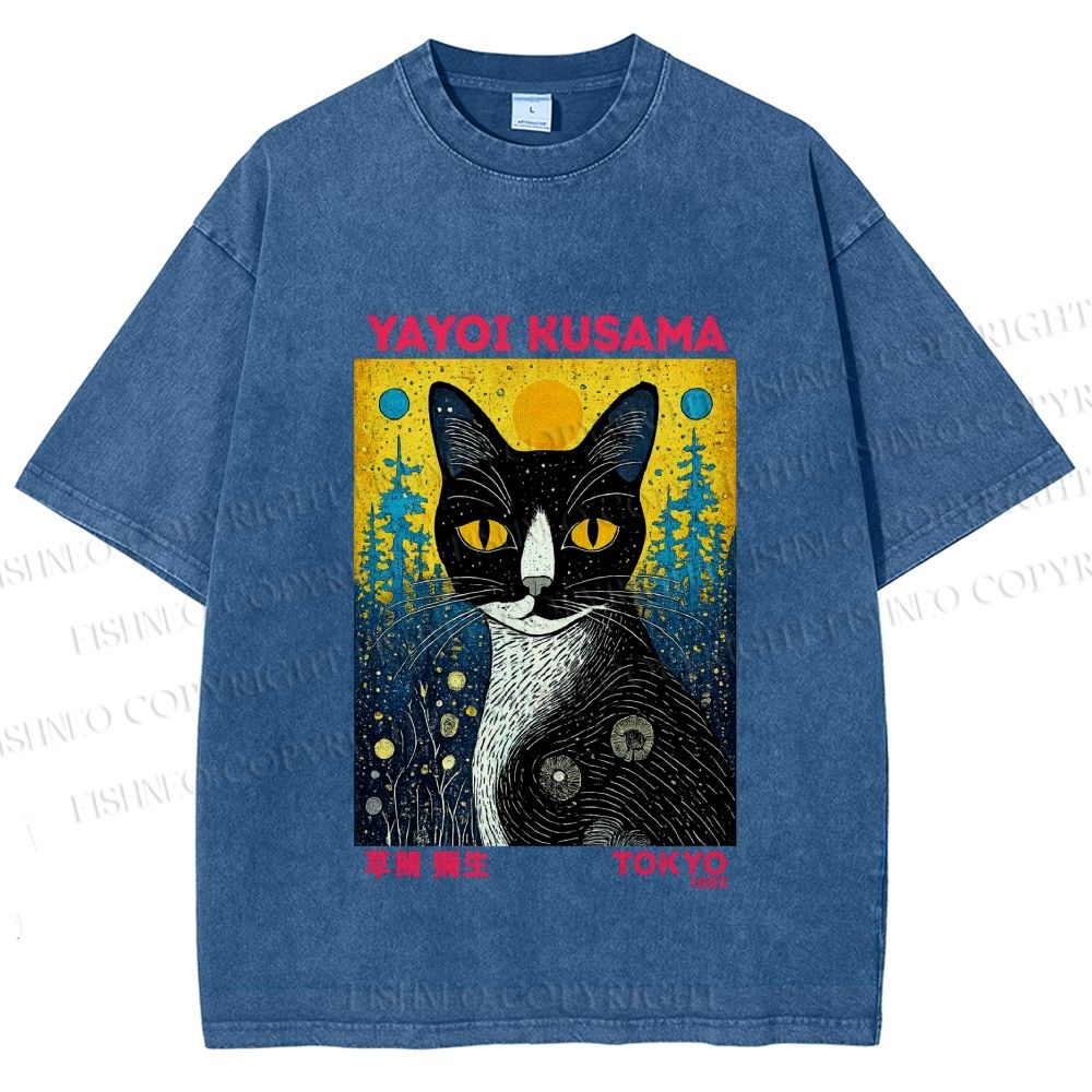 Unisex  Kusama Cat Printed Washed Tee