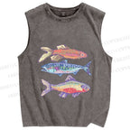 Unisex Pastel Fish Trio Printed Washed Tank Top