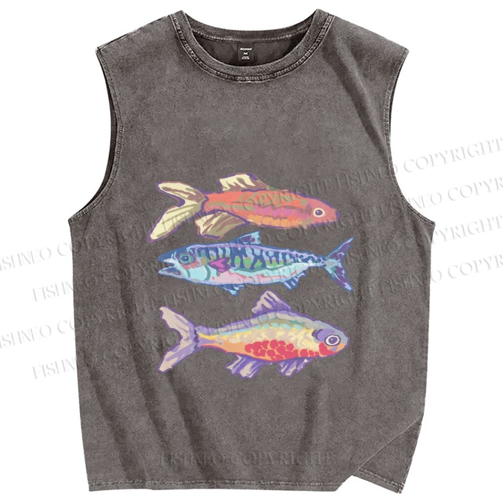 Unisex Pastel Fish Trio Printed Washed Tank Top