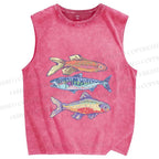 Unisex Pastel Fish Trio Printed Washed Tank Top