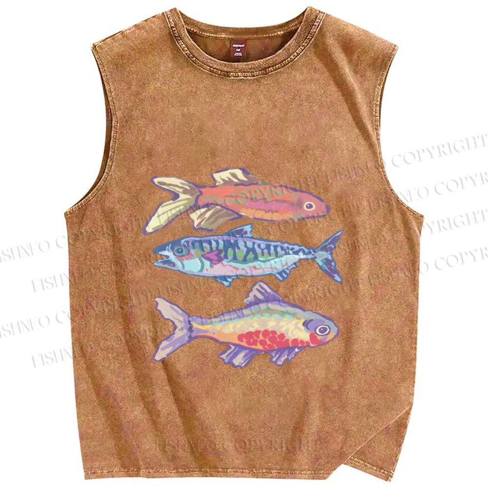 Unisex Pastel Fish Trio Printed Washed Tank Top
