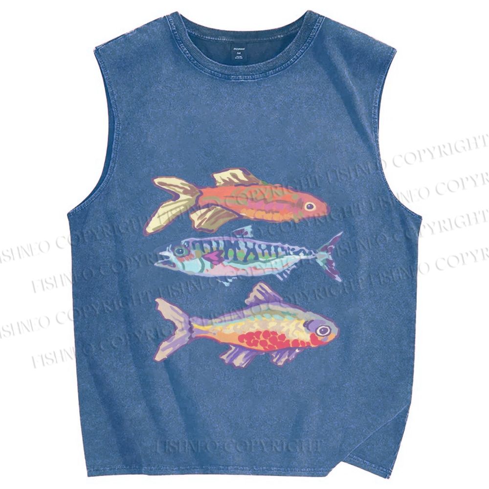 Unisex Pastel Fish Trio Printed Washed Tank Top