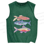 Unisex Pastel Fish Trio Printed Washed Tank Top