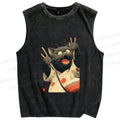 Unisex Ukiyo-e Chopstick Cat Printed Washed Tank Top