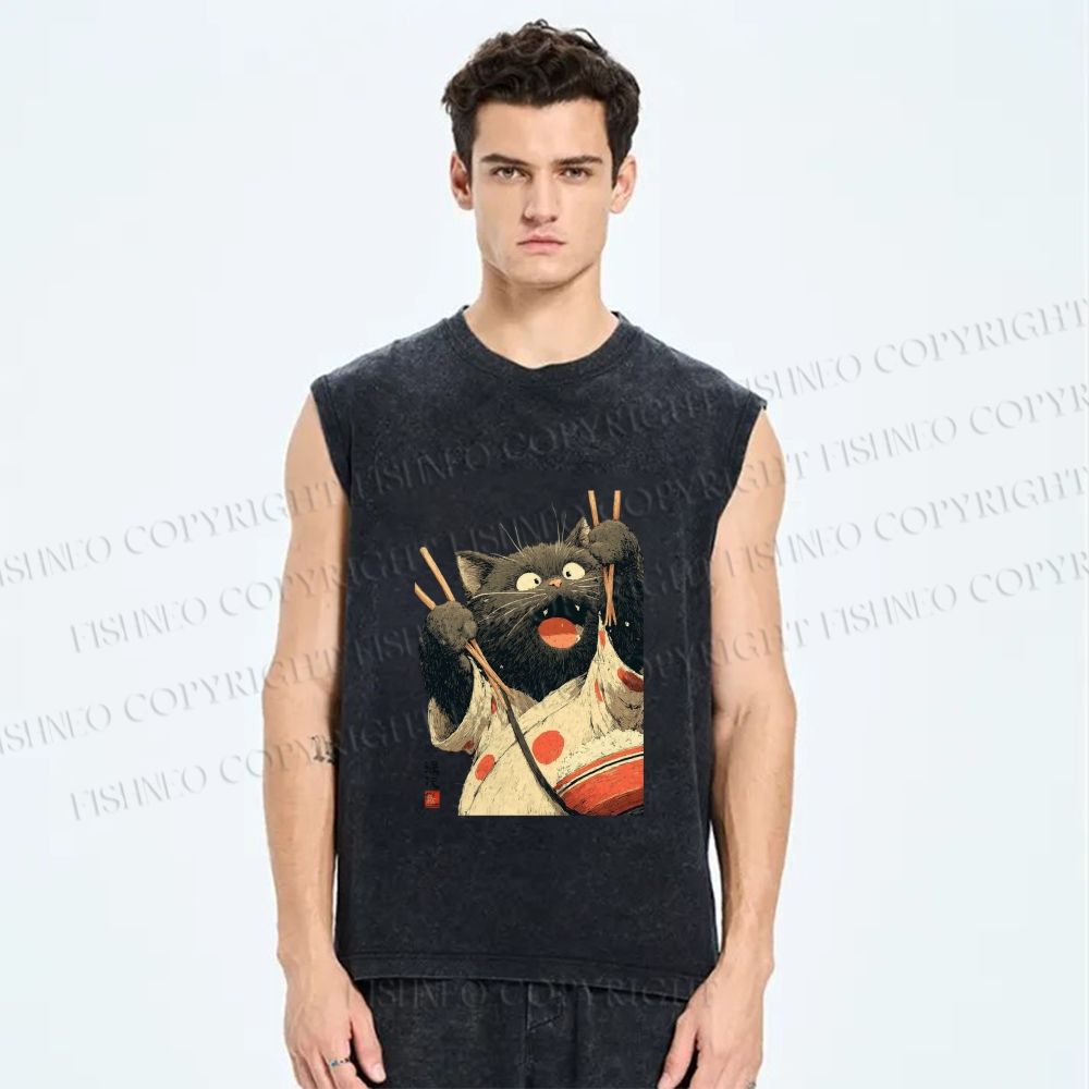 Unisex Ukiyo-e Chopstick Cat Printed Washed Tank Top