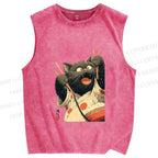 Unisex Ukiyo-e Chopstick Cat Printed Washed Tank Top