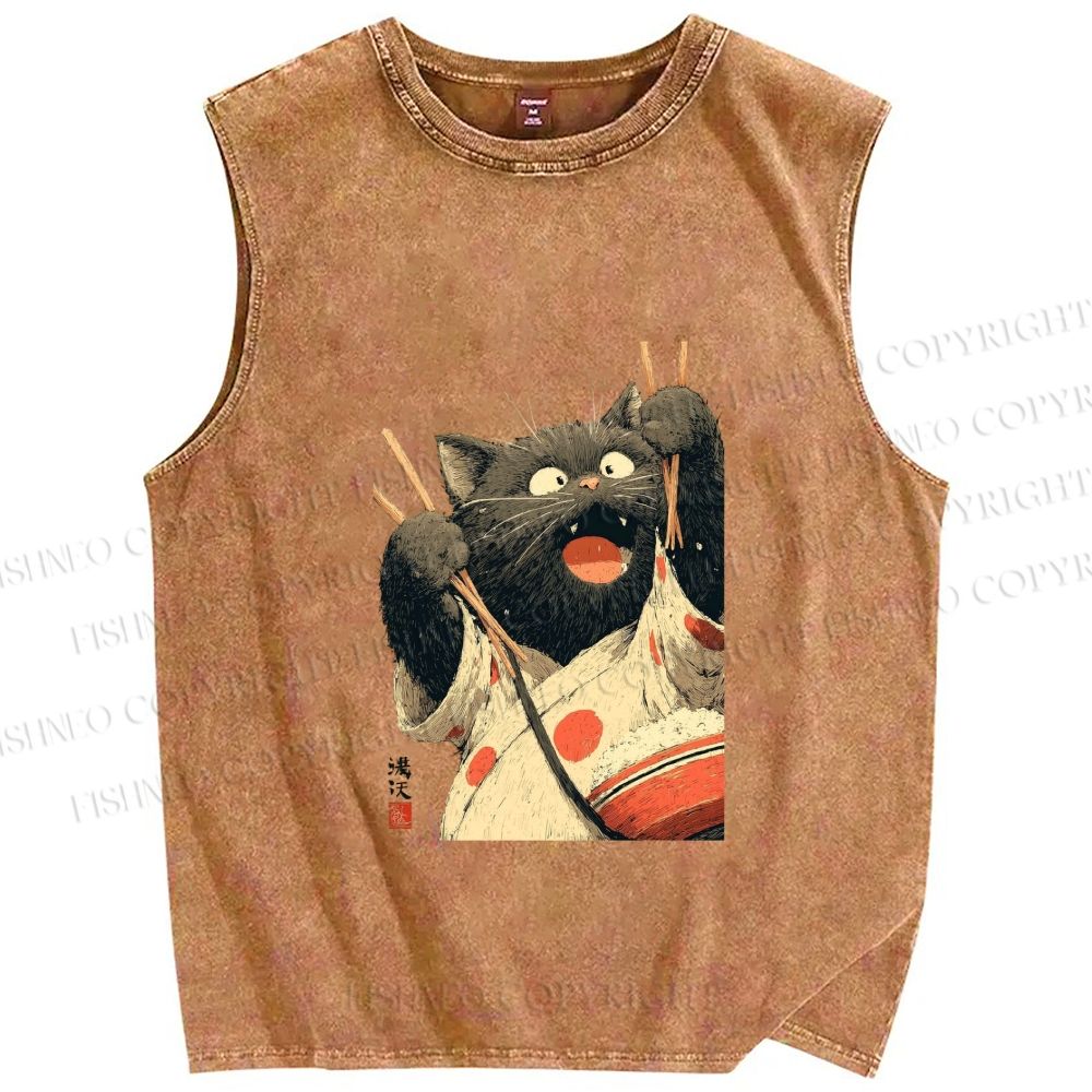 Unisex Ukiyo-e Chopstick Cat Printed Washed Tank Top