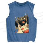 Unisex Ukiyo-e Chopstick Cat Printed Washed Tank Top