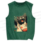 Unisex Ukiyo-e Chopstick Cat Printed Washed Tank Top