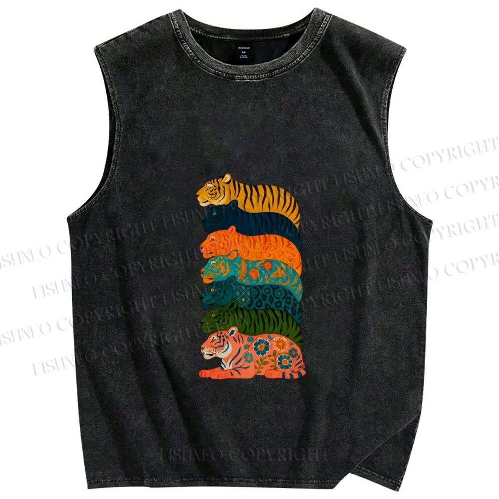 Unisex Floral Tiger Stack Printed Washed Tank Top