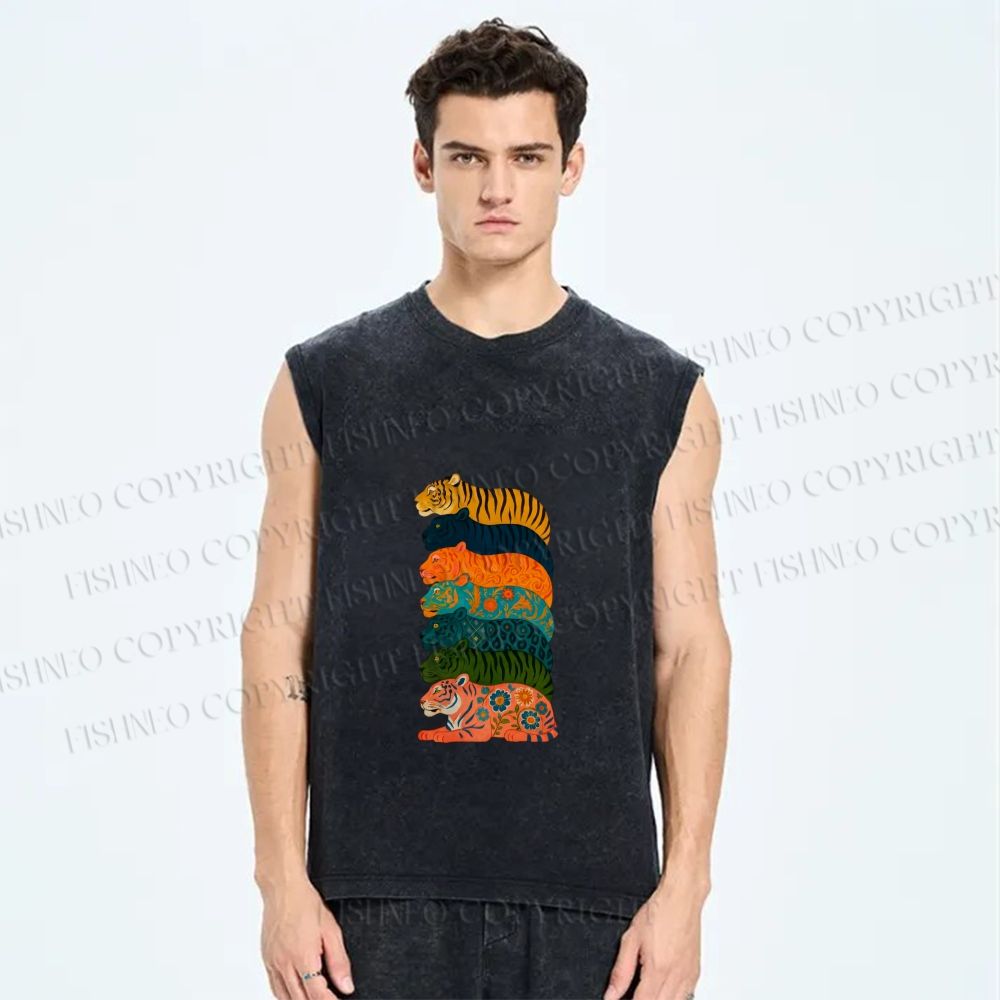 Unisex Floral Tiger Stack Printed Washed Tank Top