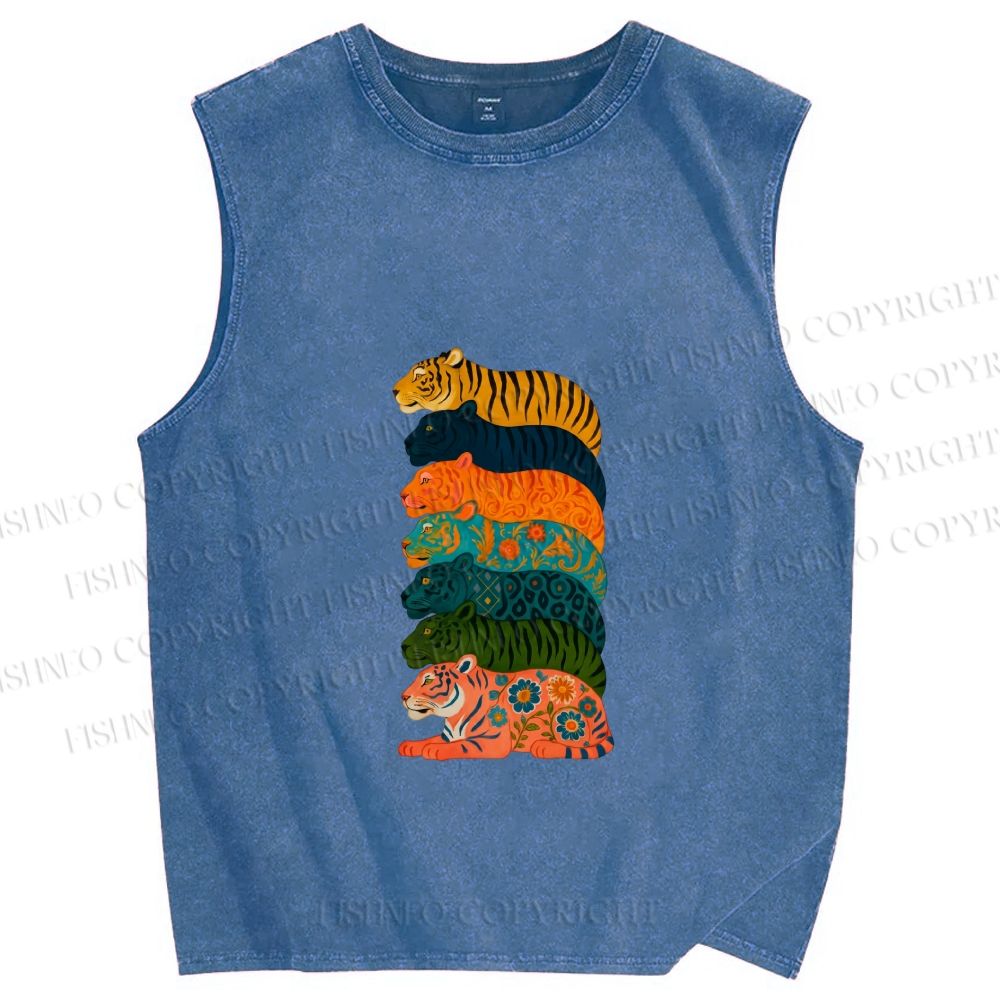 Unisex Floral Tiger Stack Printed Washed Tank Top