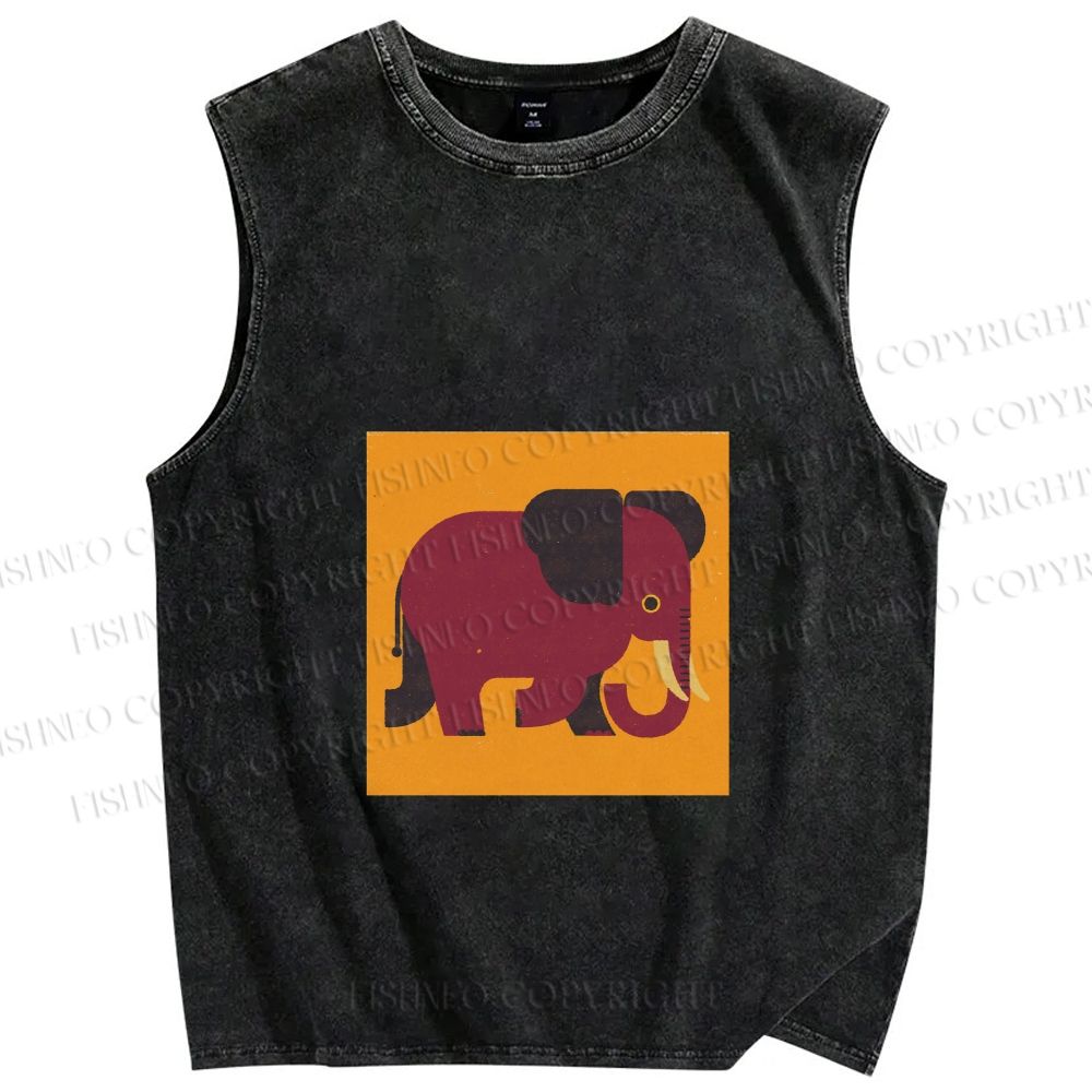 Unisex Retro Blockprint Elephant Printed Washed Tank Top