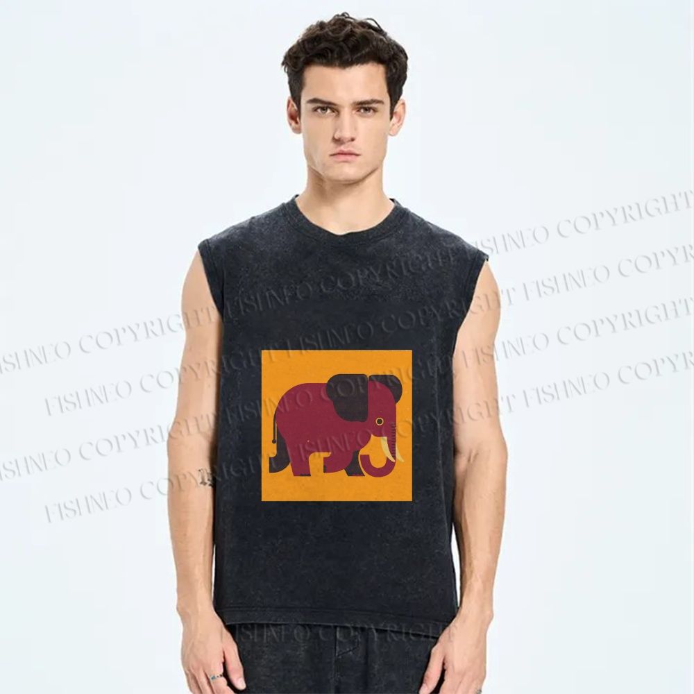 Unisex Retro Blockprint Elephant Printed Washed Tank Top
