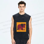 Unisex Retro Blockprint Elephant Printed Washed Tank Top