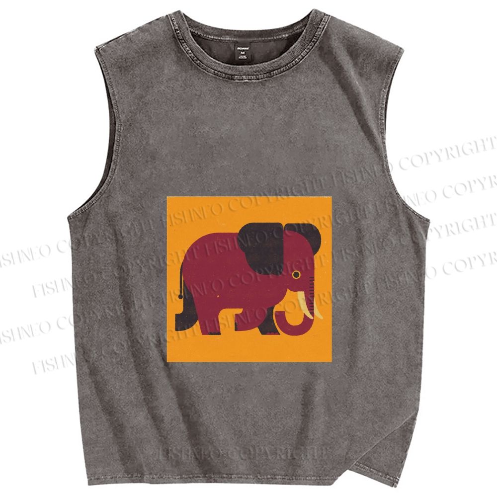 Unisex Retro Blockprint Elephant Printed Washed Tank Top