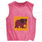 Unisex Retro Blockprint Elephant Printed Washed Tank Top