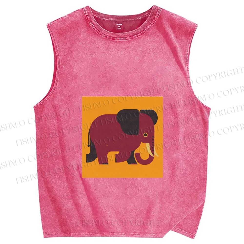 Unisex Retro Blockprint Elephant Printed Washed Tank Top
