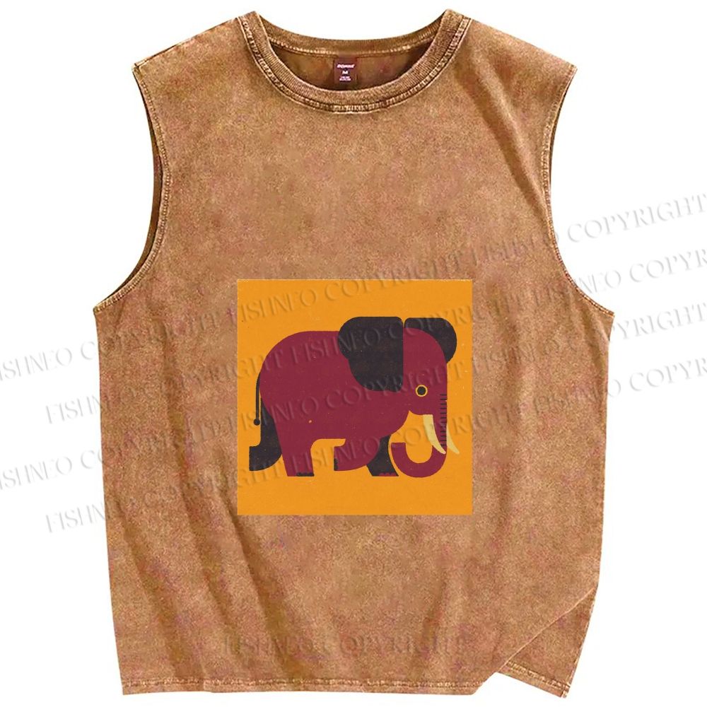 Unisex Retro Blockprint Elephant Printed Washed Tank Top
