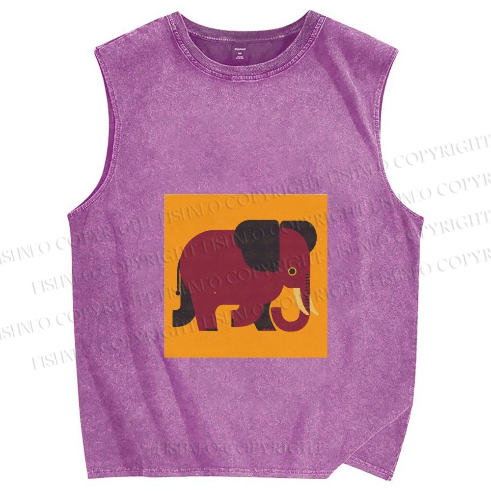 Unisex Retro Blockprint Elephant Printed Washed Tank Top