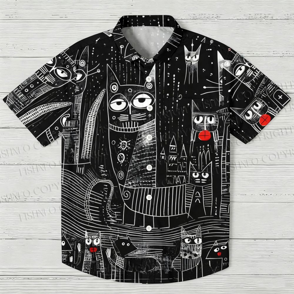 Line-Art Cat Printed Hawaiian Shirt