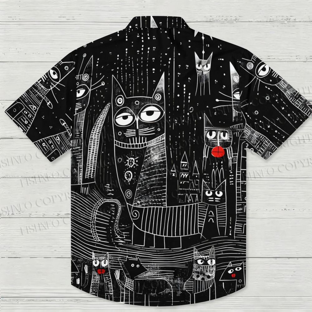 Line-Art Cat Printed Hawaiian Shirt