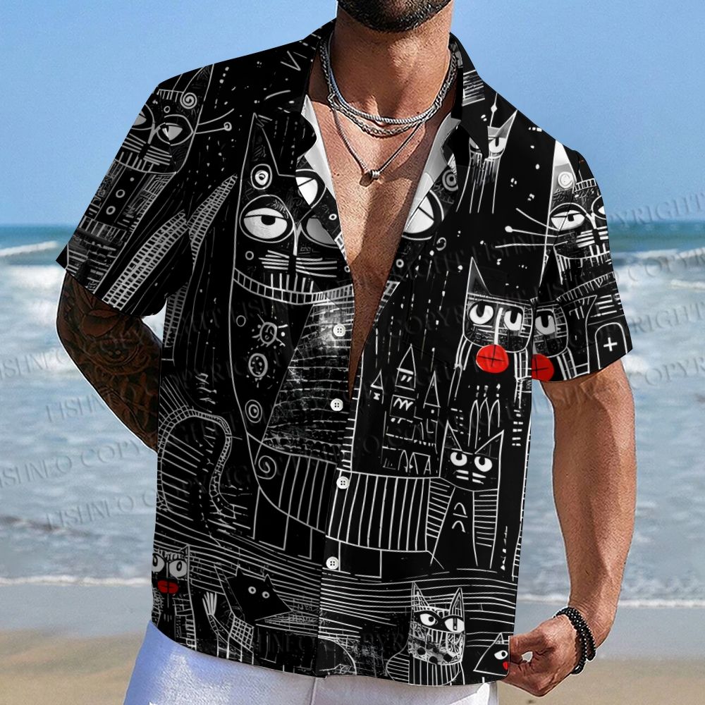 Line-Art Cat Printed Hawaiian Shirt