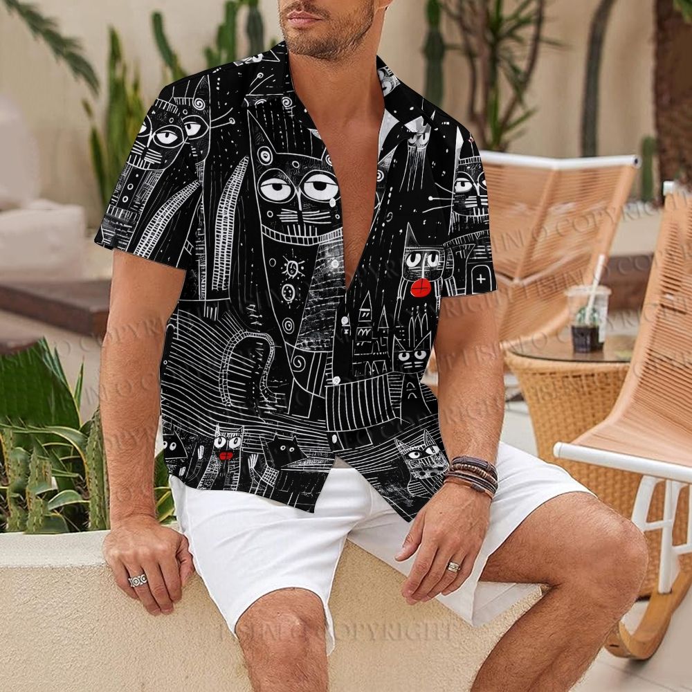 Line-Art Cat Printed Hawaiian Shirt