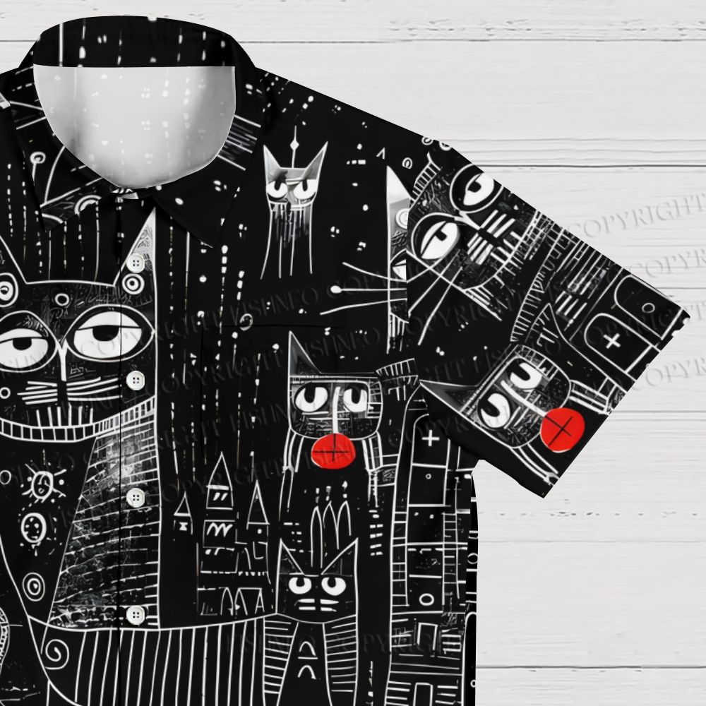 Line-Art Cat Printed Hawaiian Shirt