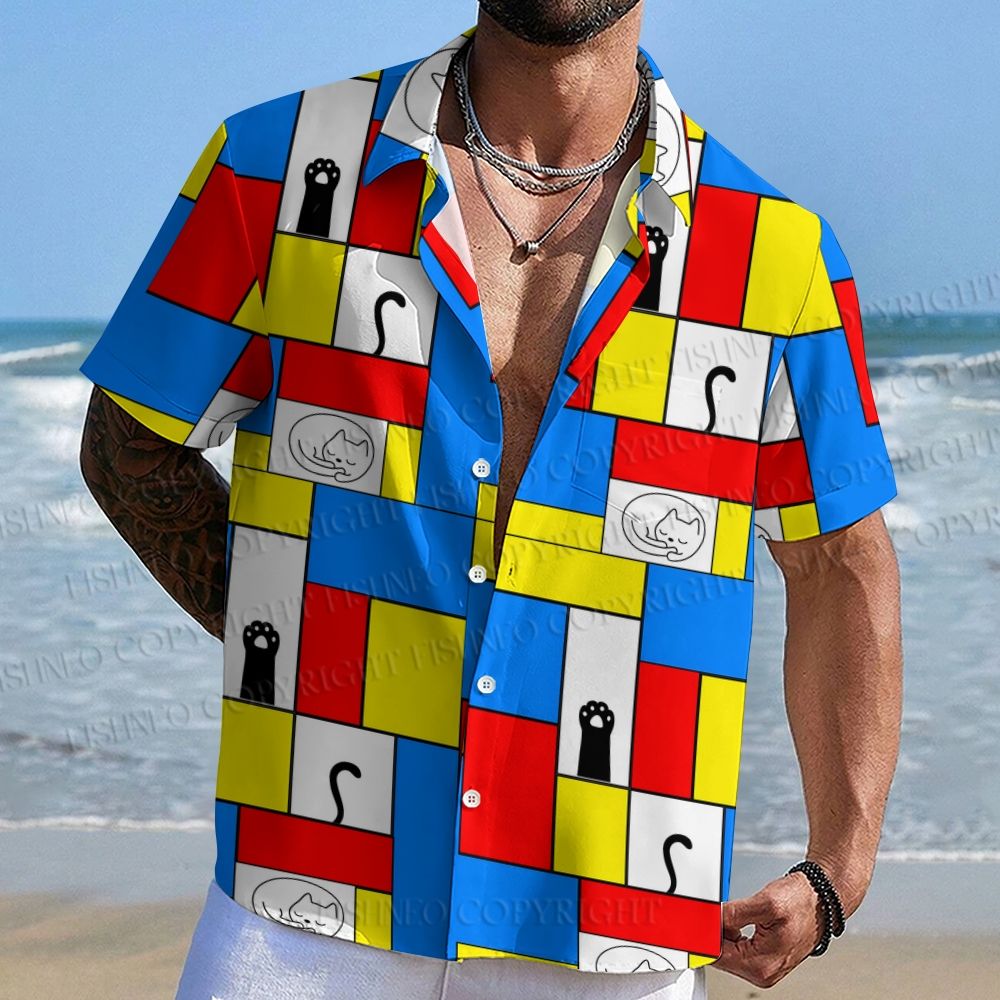 Mondrian Cat Printed Hawaiian Shirt