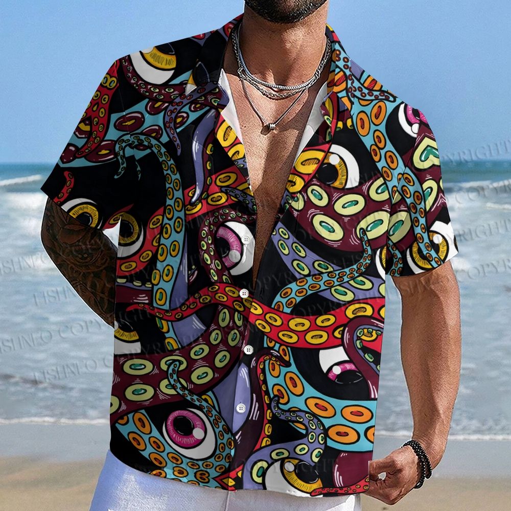 Multicolored-eyed Octopus Printed Hawaiian Shirt