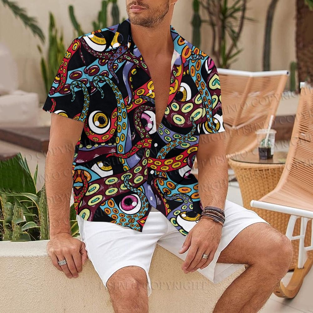 Multicolored-eyed Octopus Printed Hawaiian Shirt