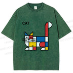 Unisex Bauhaus Cat Printed Washed Tee