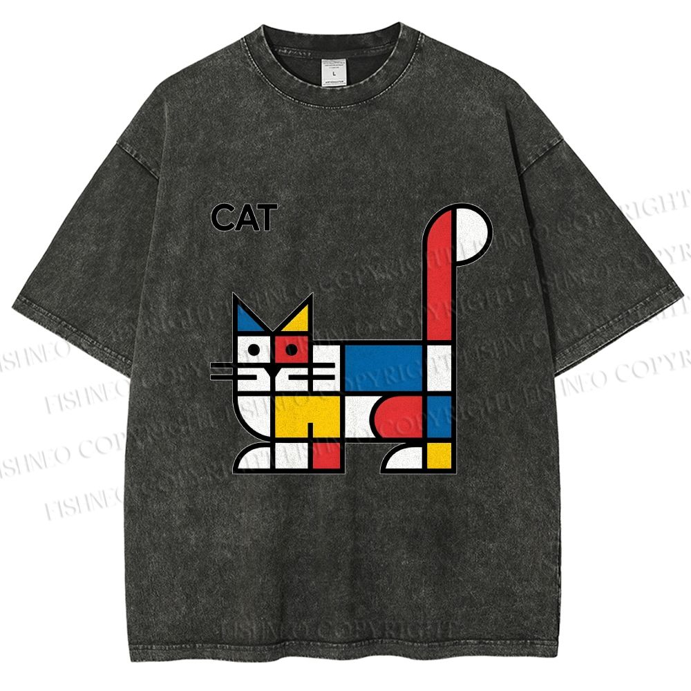 Unisex Bauhaus Cat Printed Washed Tee
