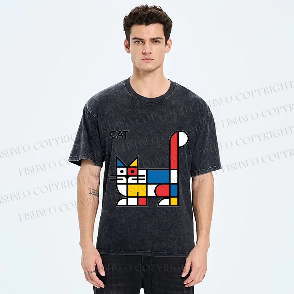 Unisex Bauhaus Cat Printed Washed Tee