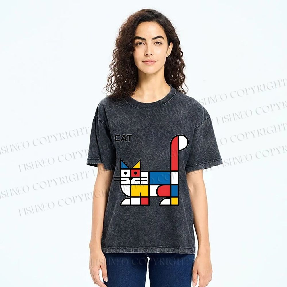 Unisex Bauhaus Cat Printed Washed Tee