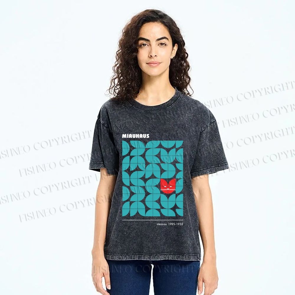 Unisex Bauhaus Cat Printed Washed Tee