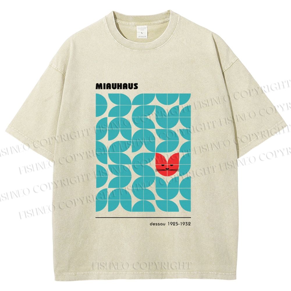 Unisex Bauhaus Cat Printed Washed Tee