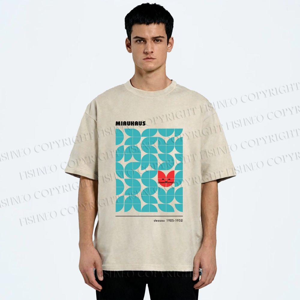 Unisex Bauhaus Cat Printed Washed Tee