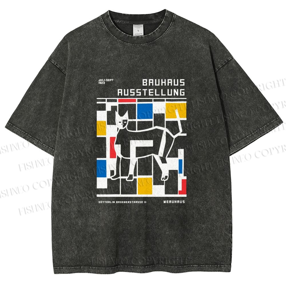 Unisex Bauhaus Cat Printed Washed Tee
