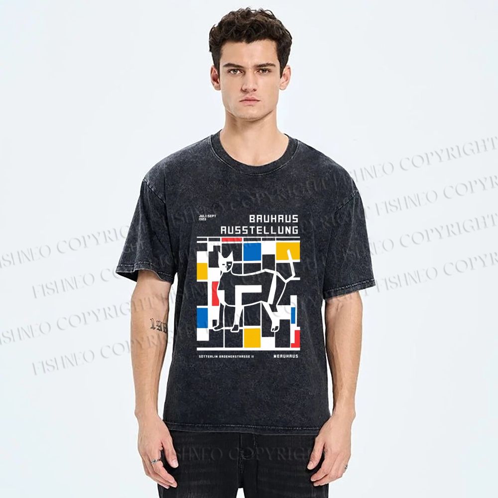 Unisex Bauhaus Cat Printed Washed Tee