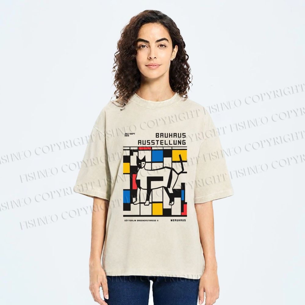 Unisex Bauhaus Cat Printed Washed Tee