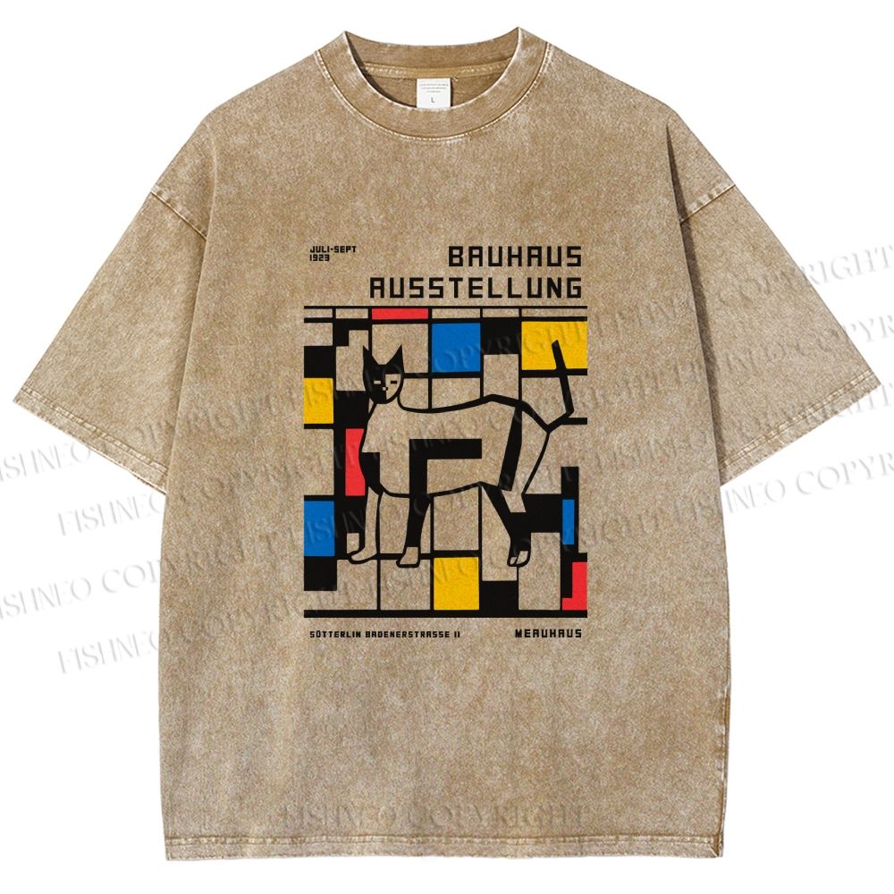 Unisex Bauhaus Cat Printed Washed Tee