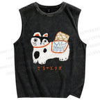 Unisex Japanese Silly Cat Printed Washed Tank Top
